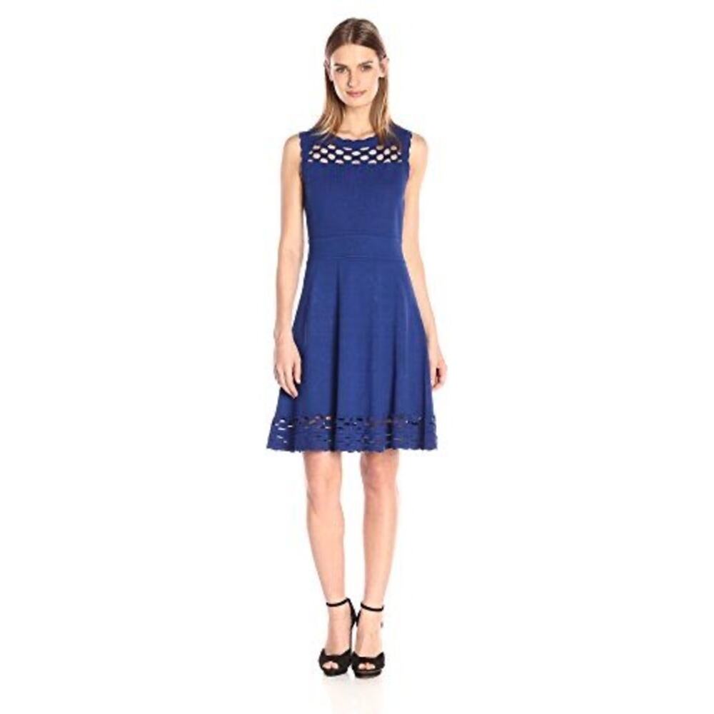 Milly Chain Link Lasercut Blue Fit & Flare Sweater Dress Medium Minimalist